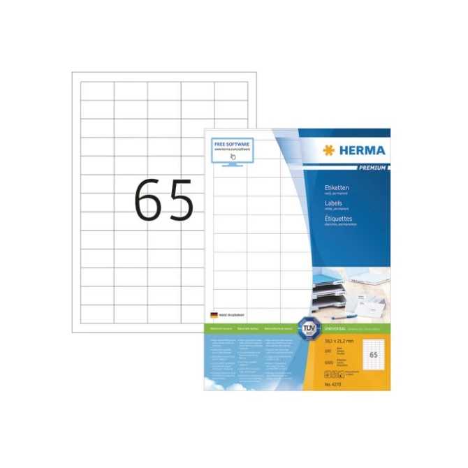HERMA Premium permanent papieretiket 381 x 212 mm 100 vellen 65 etiketten per A4-vel wit (pak 6500 stuks) HERMA Premium permanent papieretiket 381 x 212 mm 100 vellen 65 etiketten per A4-vel wit (pak 6500 stuks)