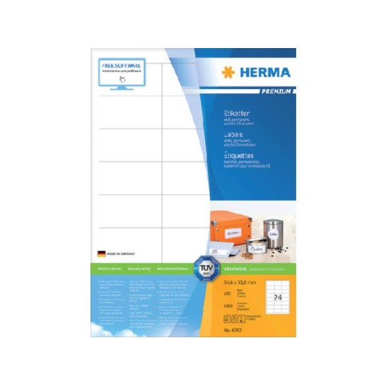 Herma Premium permanent papieretiket 64.6 x 33.8 mm 100 vellen 24 etiketten per A4-vel wit (pak 2400 stuks)