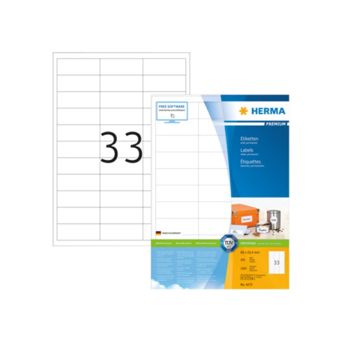 HERMA Premium permanent papieretiket 66 x 254 mm 100 vellen 33 etiketten per A4-vel wit (pak 3300 stuks)
