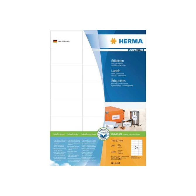 HERMA Premium permanent papieretiket 70 x 37 mm 100 vellen 24 etiketten per A4-vel wit (pak 2400 stuks)