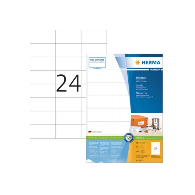 HERMA Premium permanent papieretiket 70 x 37 mm rechte hoek wit (pak 4800 stuks)