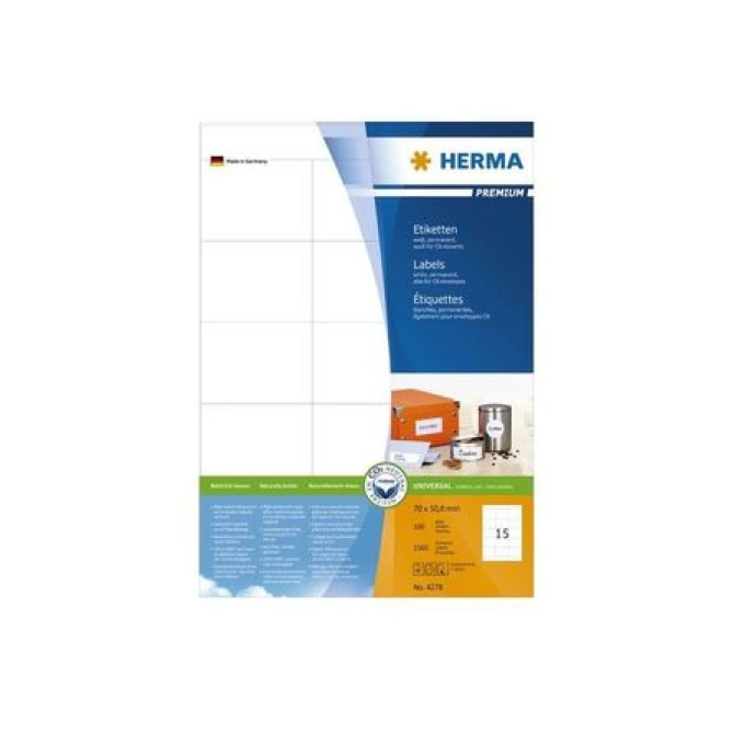 HERMA Premium permanent papieretiket 70 x 508 mm 100 vellen 15 etiketten per A4-vel wit (pak 1500 stuks)