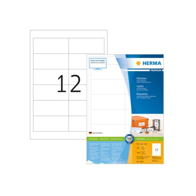 HERMA Premium permanent papieretiket 97 x 423 mm 200 vellen 12 etiketten per A4-vel wit (pak 2400 stuks)