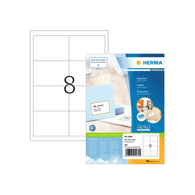 Herma Premium permanent papieretiket. 97 x 67.7 mm. 100 vellen. 8 etiketten per A4-vel. wit (pak 800 stuks)
