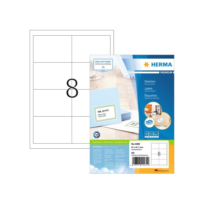 Herma Premium permanent papieretiket. 97 x 67.7 mm. 100 vellen. 8 etiketten per A4-vel. wit (pak 800 stuks) Herma Premium permanent papieretiket. 97 x 67.7 mm. 100 vellen. 8 etiketten per A4-vel. wit (pak 800 stuks)