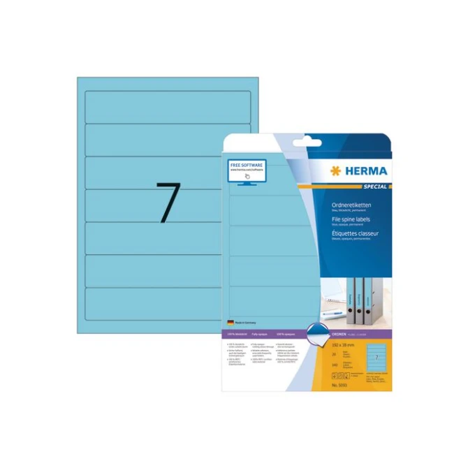 HERMA Rugetiket kort zelfklevend Rugbreedte 50 mm 192 x 38 mm blauw (pak 140 stuks) HERMA Rugetiket kort zelfklevend Rugbreedte 50 mm 192 x 38 mm blauw (pak 140 stuks)
