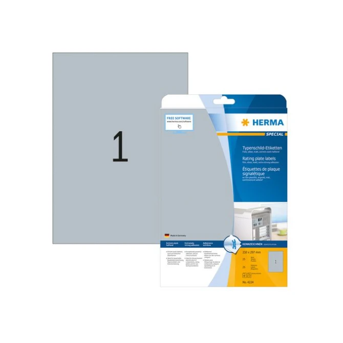 HERMA Typeplaatje-etiketten 210x297 mm zilver matt (pak 25 stuks) HERMA Typeplaatje-etiketten 210x297 mm zilver matt (pak 25 stuks)