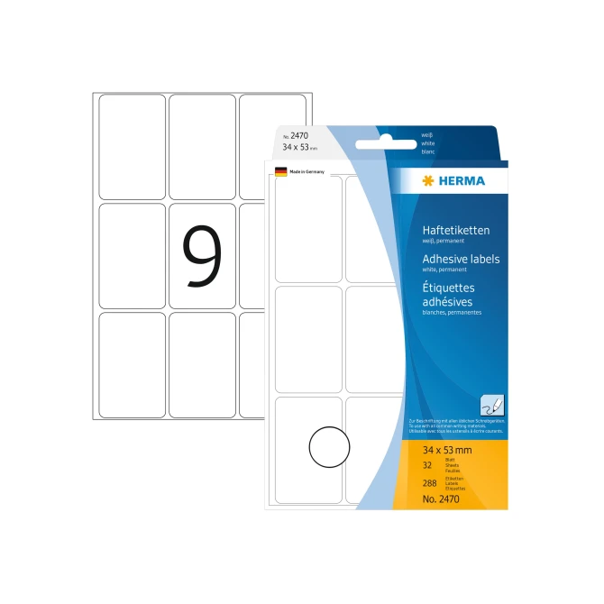 Herma Universele etiketten. met ronde hoeken 34x53 mm. 2470 (pak 288 stuks) Herma Universele etiketten. met ronde hoeken 34x53 mm. 2470 (pak 288 stuks)