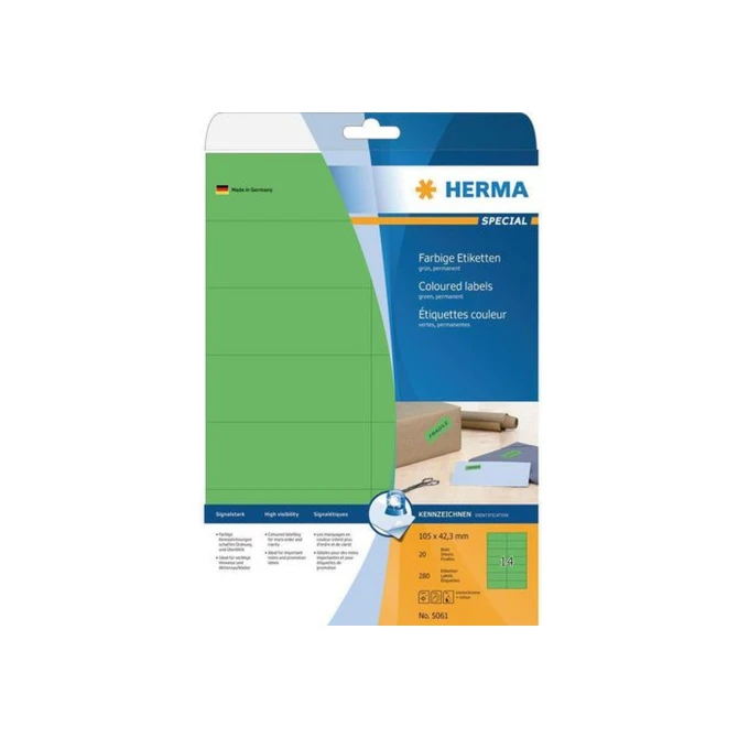 Herma Verwijderbaar gekleurd papieretiket 105 x 42.3 mm 20 vellen 14 etiketten per A4-vel groen (pak 280 stuks) Herma Verwijderbaar gekleurd papieretiket 105 x 42.3 mm 20 vellen 14 etiketten per A4-vel groen (pak 280 stuks)