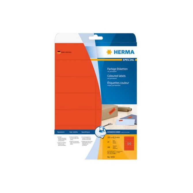 HERMA Verwijderbaar gekleurd papieretiket 105 x 423 mm 20 vellen 14 etiketten per A4-vel rood (pak 280 stuks) HERMA Verwijderbaar gekleurd papieretiket 105 x 423 mm 20 vellen 14 etiketten per A4-vel rood (pak 280 stuks)