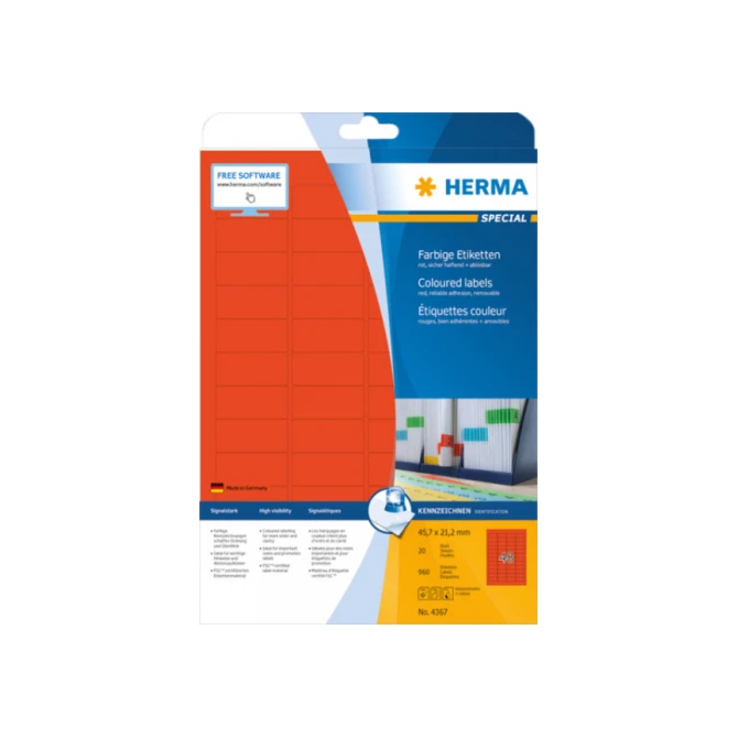 Herma Verwijderbaar gekleurd papieretiket 45.7 x 21.2 mm 20 vellen 48 etiketten per A4-vel rood (pak 960 stuks) Herma Verwijderbaar gekleurd papieretiket 45.7 x 21.2 mm 20 vellen 48 etiketten per A4-vel rood (pak 960 stuks)