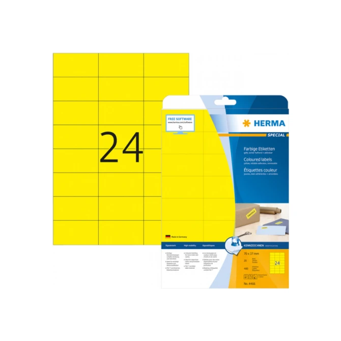 Herma Verwijderbaar gekleurd papieretiket 70 x 37 mm 20 vellen 24 etiketten per A4-vel geel (pak 480 stuks) Herma Verwijderbaar gekleurd papieretiket 70 x 37 mm 20 vellen 24 etiketten per A4-vel geel (pak 480 stuks)