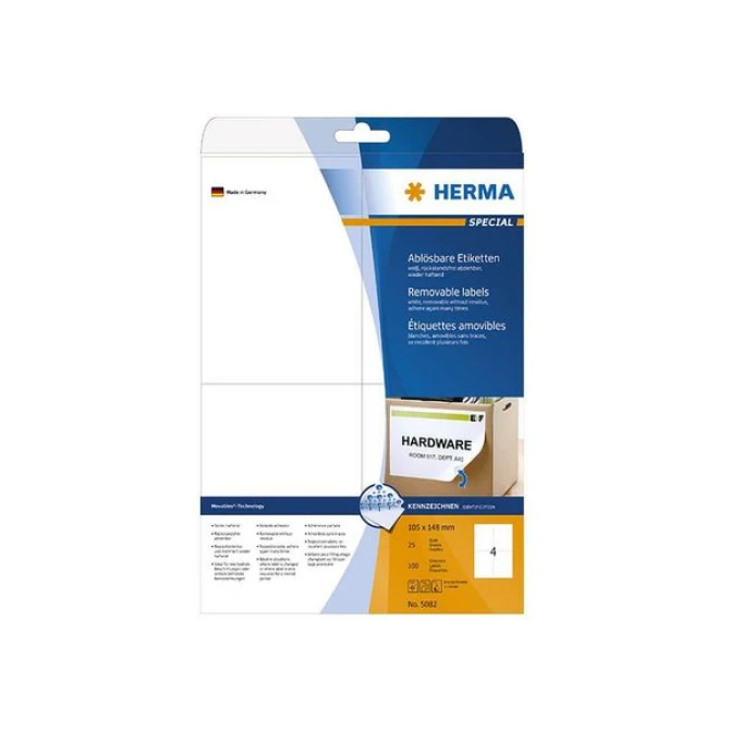 HERMA Verwijderbaar papieretiket 105 x 148 mm 25 vellen 4 etiketten per A4-vel wit (pak 100 stuks)