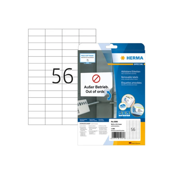 Herma Verwijderbaar papieretiket. 105 x 42.3 mm. 25 vellen. 14 etiketten per A4-vel. wit (pak 350 stuks)