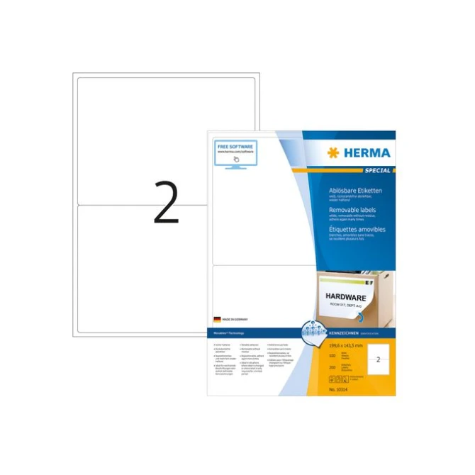 HERMA Verwijderbaar papieretiket 1996 x 1435 mm 100 vellen 2 etiketten per A4-vel wit (pak 200 stuks)