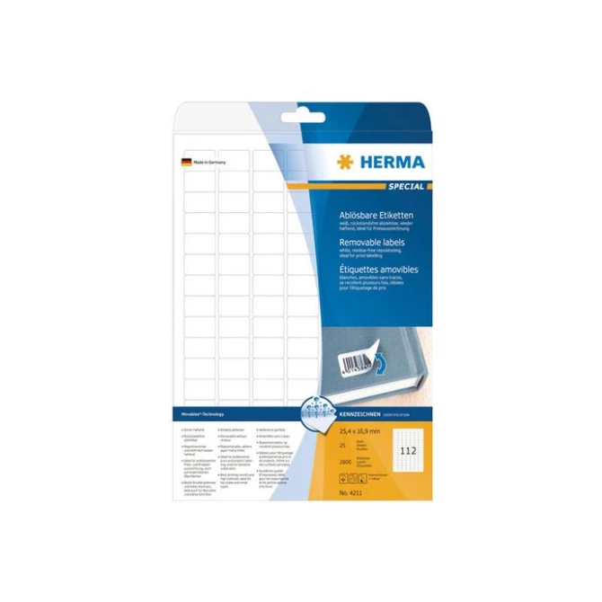 HERMA Verwijderbaar papieretiket 254 x 169 mm 25 vellen 112 etiketten per A4-vel wit (pak 2800 stuks) HERMA Verwijderbaar papieretiket 254 x 169 mm 25 vellen 112 etiketten per A4-vel wit (pak 2800 stuks)