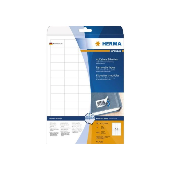 HERMA Verwijderbaar papieretiket 381 x 212 mm 25 vellen 65 etiketten per A4-vel wit (pak 1625 stuks)