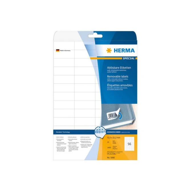 HERMA Verwijderbaar papieretiket 525 x 212 mm 25 vellen 56 etiketten per A4-vel wit (pak 1400 stuks) HERMA Verwijderbaar papieretiket 525 x 212 mm 25 vellen 56 etiketten per A4-vel wit (pak 1400 stuks)