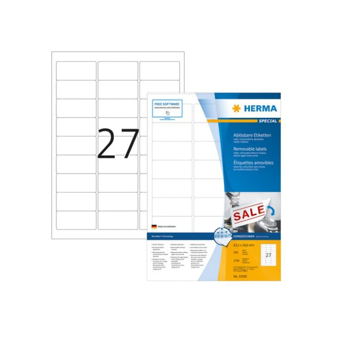 HERMA Verwijderbaar papieretiket 635 x 296 mm 100 vellen 27 etiketten per A4-vel wit (pak 2700 stuks) HERMA Verwijderbaar papieretiket 635 x 296 mm 100 vellen 27 etiketten per A4-vel wit (pak 2700 stuks)