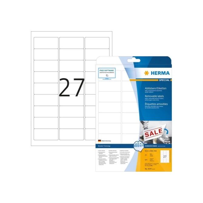 HERMA Verwijderbaar papieretiket 63.5 x 29.6 mm 25 vellen 27 etiketten per A4-vel wit (pak 675 stuks)