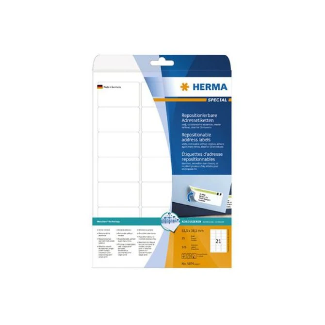 HERMA Verwijderbaar papieretiket 635 x 381 mm 25 vellen 21 etiketten per A4-vel wit (pak 525 stuks)