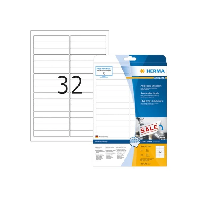 HERMA Verwijderbaar papieretiket 96 x 169 mm 25 vellen 32 etiketten per A4-vel wit (pak 800 stuks)