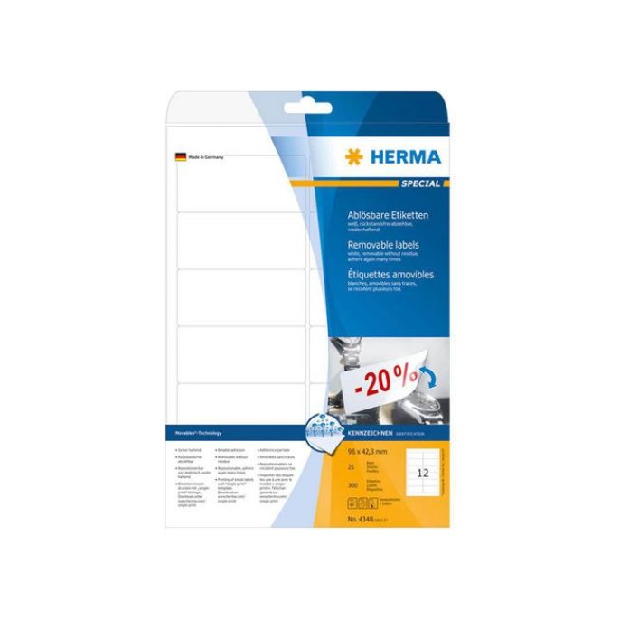 Herma Verwijderbaar papieretiket. 96 x 42.3 mm. 25 vellen. 12 etiketten per a4-vel. wit (pak 300 stuks)