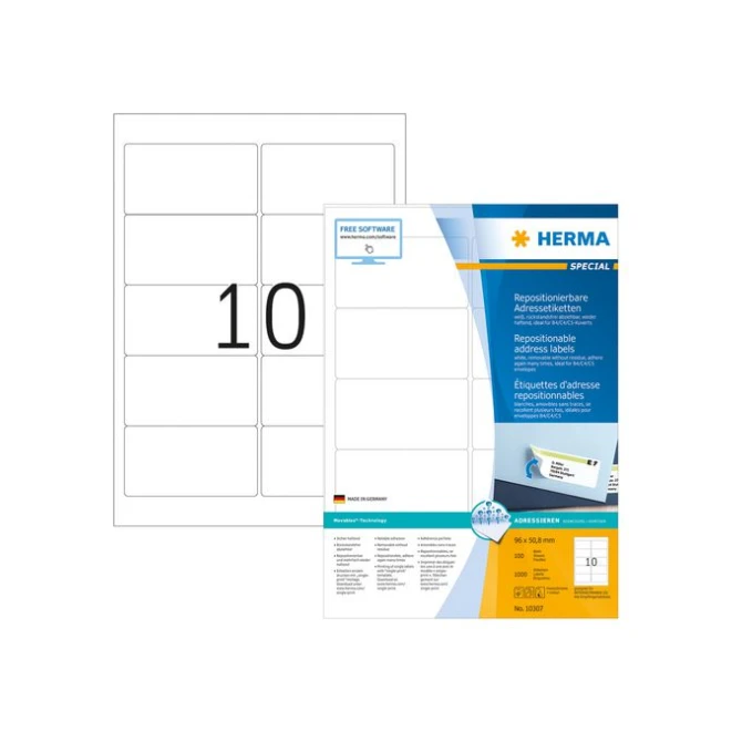 HERMA Verwijderbaar papieretiket 96 x 508 mm 100 vellen 10 etiketten per A4-vel wit (pak 1000 stuks) HERMA Verwijderbaar papieretiket 96 x 508 mm 100 vellen 10 etiketten per A4-vel wit (pak 1000 stuks)