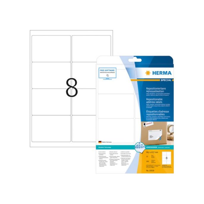 Herma Verwijderbaar papieretiket. 99.1 x 67.7 mm. 25 vellen. 8 etiketten per A4-vel. wit (pak 200 stuks) Herma Verwijderbaar papieretiket. 99.1 x 67.7 mm. 25 vellen. 8 etiketten per A4-vel. wit (pak 200 stuks)