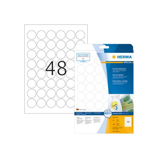 HERMA Verwijderbaar papieretiket rond 30 mm 25 vellen 48 etiketten per A4-vel wit (pak 1200 stuks)