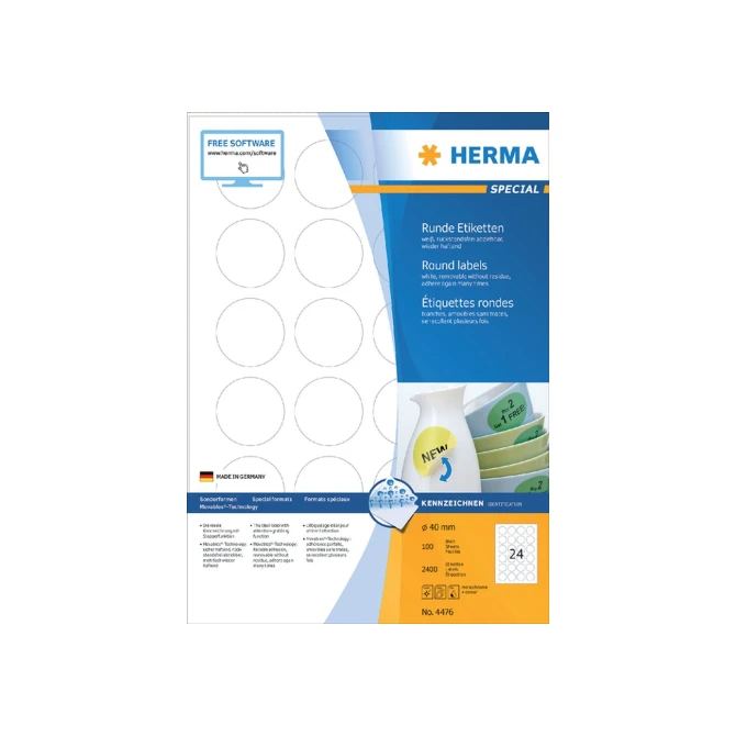 HERMA Verwijderbaar papieretiket rond 40 mm 100 vellen 24 etiketten per A4-vel wit (pak 2400 stuks)
