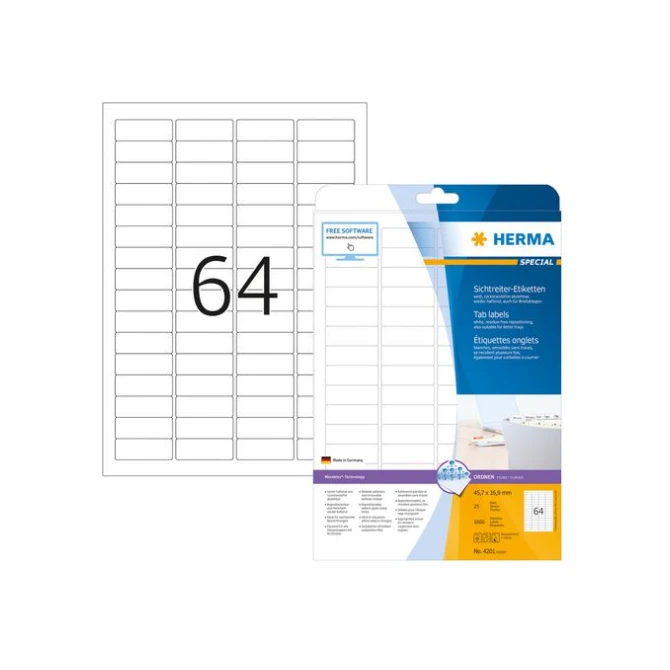 HERMA Verwijderbaar tabbladetiket 457 x 169 mm 25 vellen 64 etiketten per A4-vel wit (pak 1600 stuks)