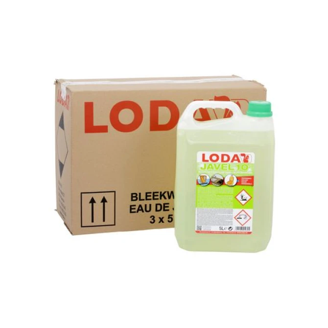 Javel 10° Bleekwater vloeibaar 5 liter lichtgeel/groen (doos 3 stuks) Javel 10° Bleekwater vloeibaar 5 liter lichtgeel/groen (doos 3 stuks)