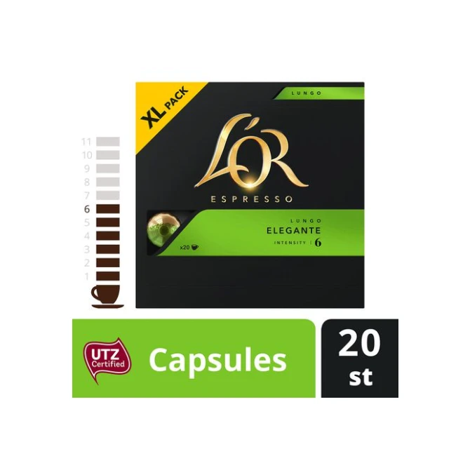 LOR Espresso Lungo Elegante UTZ Koffiecapsules (pak 20 stuks) LOR Espresso Lungo Elegante UTZ Koffiecapsules (pak 20 stuks)