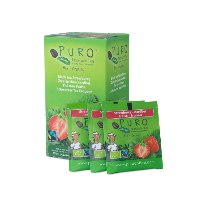 PURO Fairtrade Theezakjes Aardbei (doos 6 x 25 stuks) PURO Fairtrade Theezakjes Aardbei (doos 6 x 25 stuks)