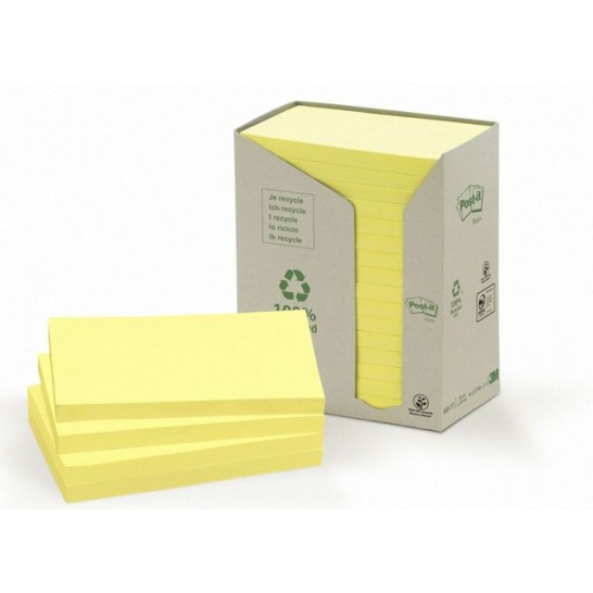 Post-it Recycled Notes Canary Yellow™ 76 x 127 mm Geel (pak 16 blokken)