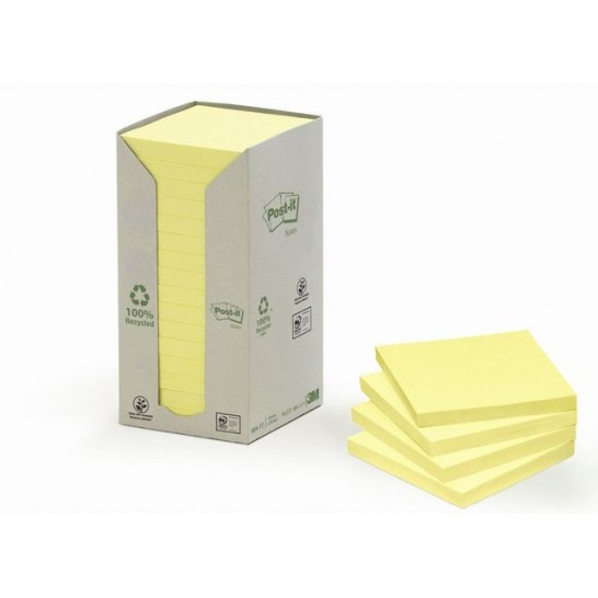 Post-it Recycled Notes Canary Yellow™ 76 x 76 mm Geel (pak 16 blokken)