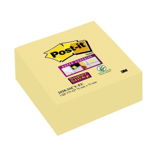 Post-it® Super Sticky Notes Canary Yellow™ Kubus. 76 x 76 mm. Geel (blok 270 vel)