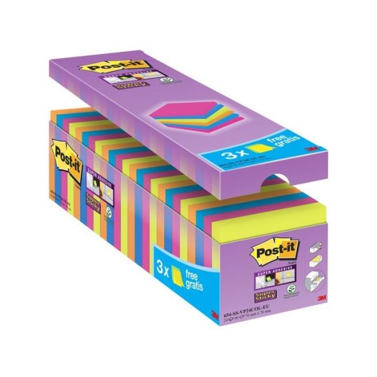Post-it Super Sticky Notes Voordeelpak 76 x 76 mm Neon kleuren (pak 24 blokken)