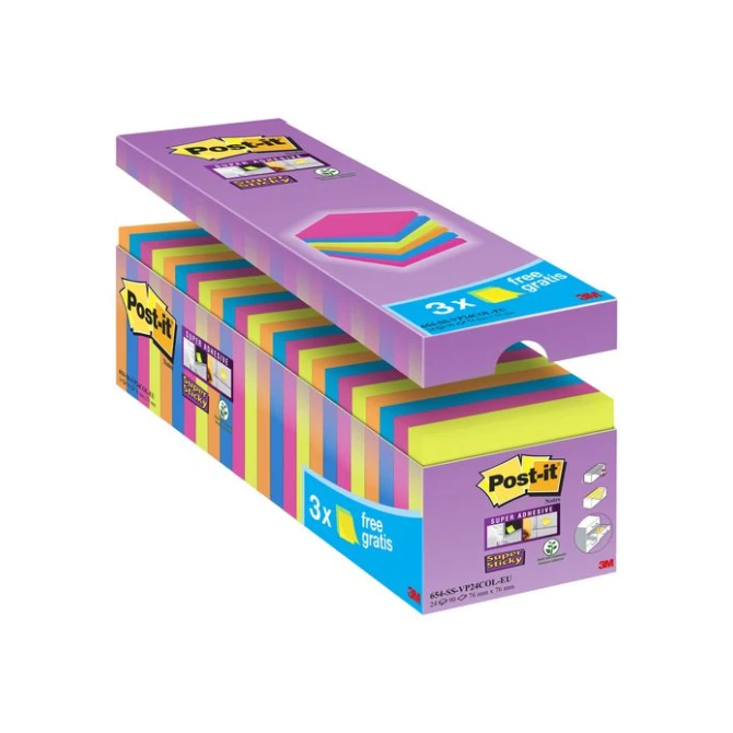 Post-it Super Sticky Notes Voordeelpak 76 x 76 mm Neon kleuren (pak 24 blokken)