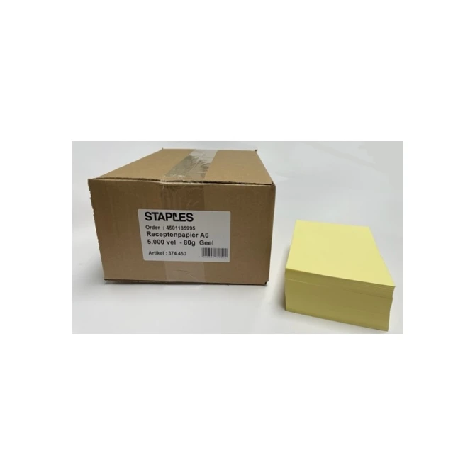 Staples Choice Receptenpapier A6 80g geel (1 doos x 5000 vel) Staples Choice Receptenpapier A6 80g geel (1 doos x 5000 vel)