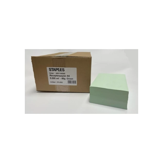 Staples Receptenpapier A6 80 g/m² Groen (1 pak x 5000 vel) Staples Receptenpapier A6 80 g/m² Groen (1 pak x 5000 vel)