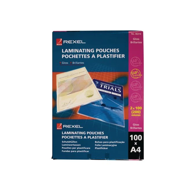 REXEL Lamineerhoes A4 216 x 303 mm 2 x 100 micron Glanzend (pak 100 stuks) REXEL Lamineerhoes A4 216 x 303 mm 2 x 100 micron Glanzend (pak 100 stuks)