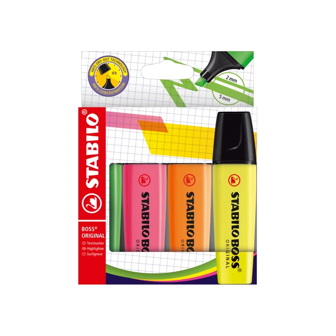 STABILO Boss Original Markeerstift Beitelvormige Punt 2 - 5 mm Assorti (pak 4 stuks) STABILO Boss Original Markeerstift Beitelvormige Punt 2 - 5 mm Assorti (pak 4 stuks)