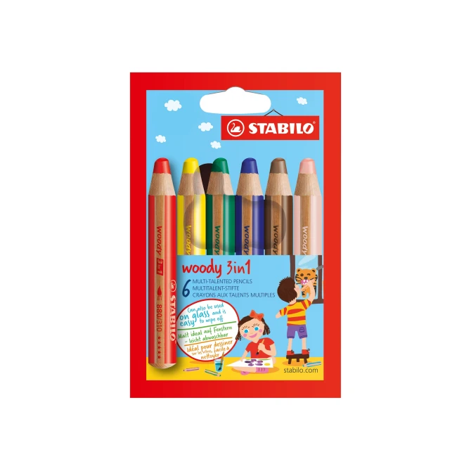 STABILO Woody 3-in-1 kleurpotloden Ronde Hulzen Assorti (pak 6 stuks)