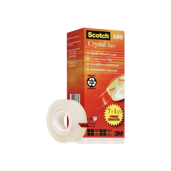 SCOTCH® Crystal 600 Plakband Voordeelpak 19 mm x 33 m Glanzend Transparant (pak 8 rollen)