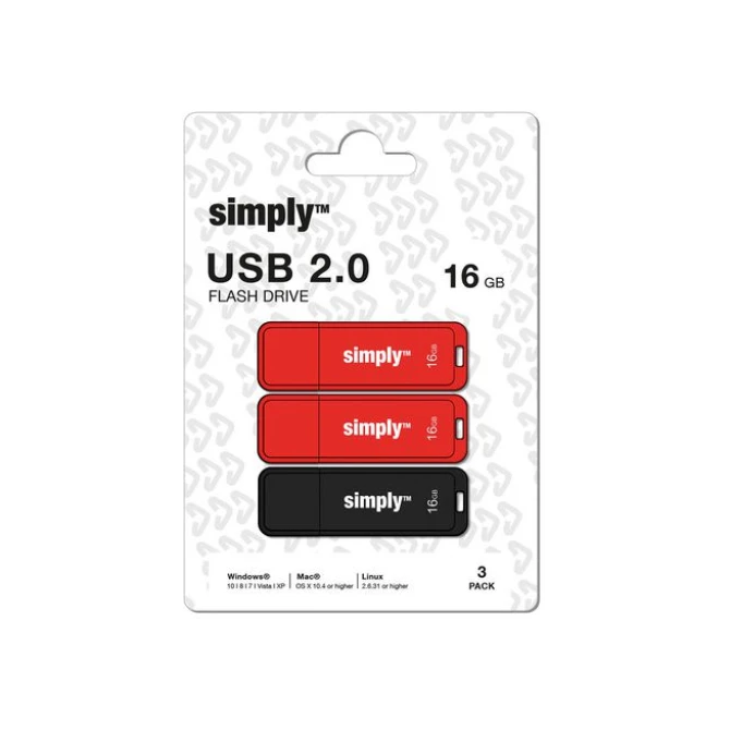 Simply USB-Stick 20 met dop 16 GB Rood Zwart (pak 3 stuks)