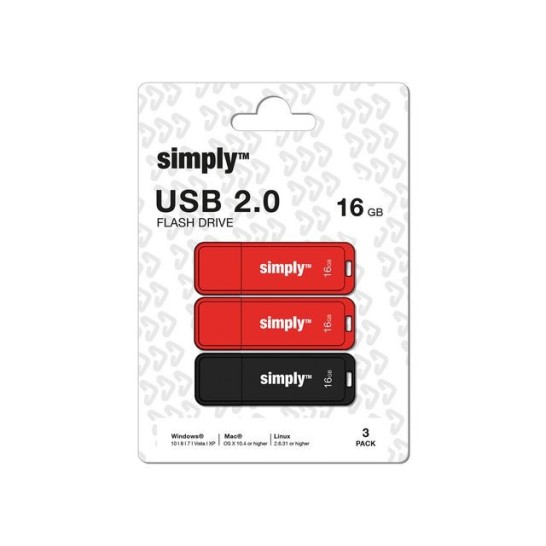 Simply USB-Stick 20 met dop 16 GB  Rood Zwart (pak 3 stuks)