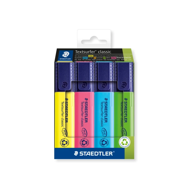 Staedtler Textsurfer Classic Highlighter Geel groen blauw en roze (pak 4 stuks) Staedtler Textsurfer Classic Highlighter Geel groen blauw en roze (pak 4 stuks)