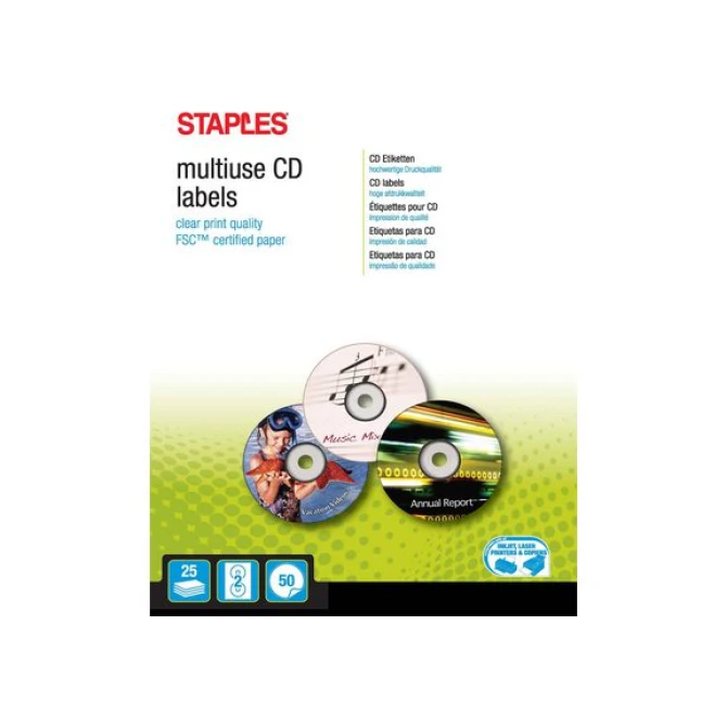 Staples CD/ DVD Etiketten 117 mm 2 Etiketten per vel Wit (pak 50 stuks) Staples CD/ DVD Etiketten 117 mm 2 Etiketten per vel Wit (pak 50 stuks)
